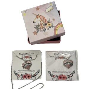 SALE!! 2 for $15 Big‎ Sister Little Sister PINK Necklace Set UNICORN GIFT BOX